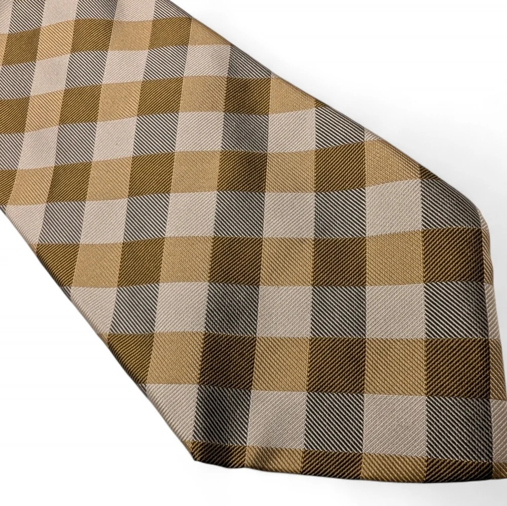 LANDS END Vintage Silk Tie Long Tan Cream Check Necktie Classic